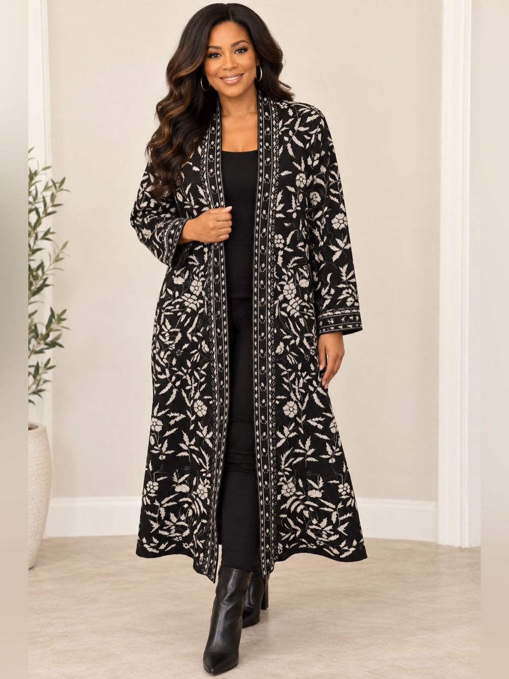 Vertigo USA VT37985 NWT Black Silver Metallic Floral Coatigan Cardigan Size L